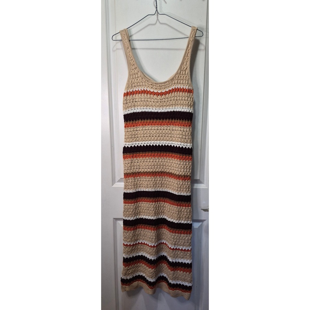 Paper Heart Crochet Maxi Dress Striped‎ Boho Sleeveless Tan Orange Brown Large